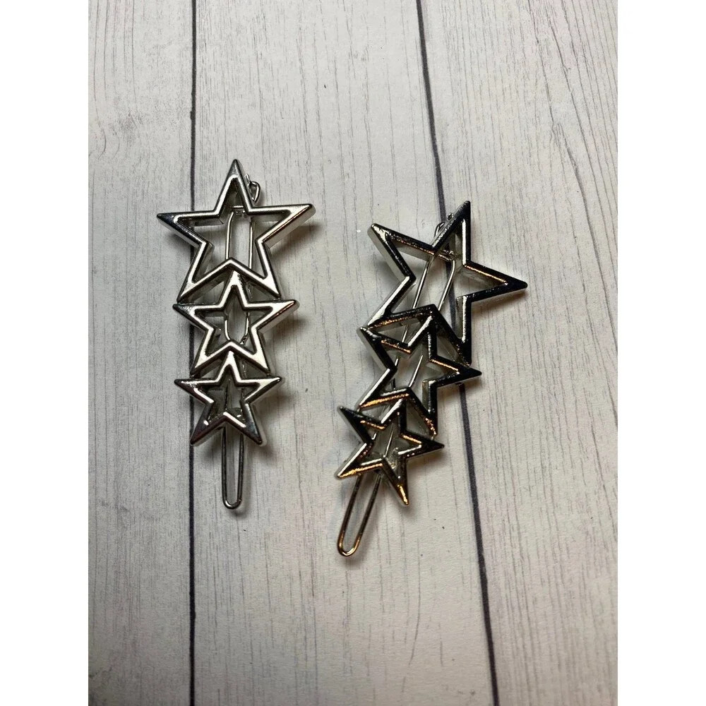 Silver Tone Star Triple Hair Clip  2 Inch Metal Hairpins
